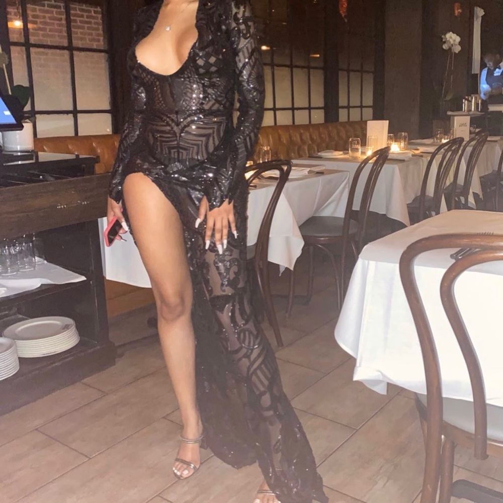 Black Long Sleeve Sequin Gown